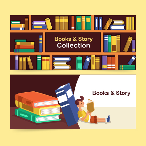 Illustration of a colorful bookshelf and a child reading among stacked books, representing Islamic storybooks and educational reading resources for children.