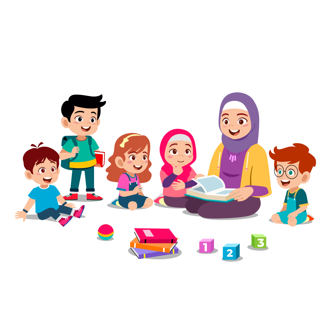 Muslim teacher reading to a group of happy children during an Islamic storytelling session, promoting faith-based early education and community learning.