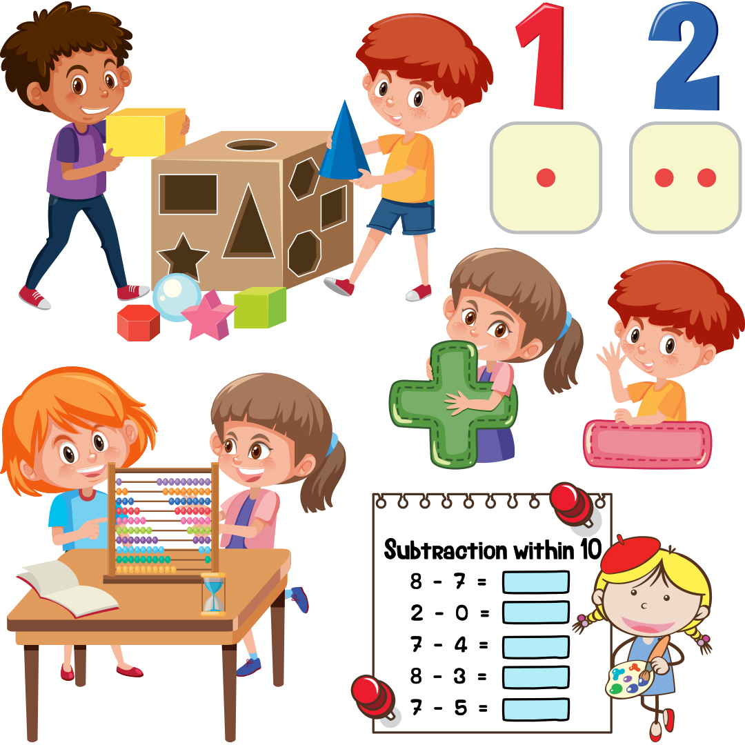 Illustration of young children engaging in early math education through shape sorting, counting, addition, and subtraction activities using colorful tools.