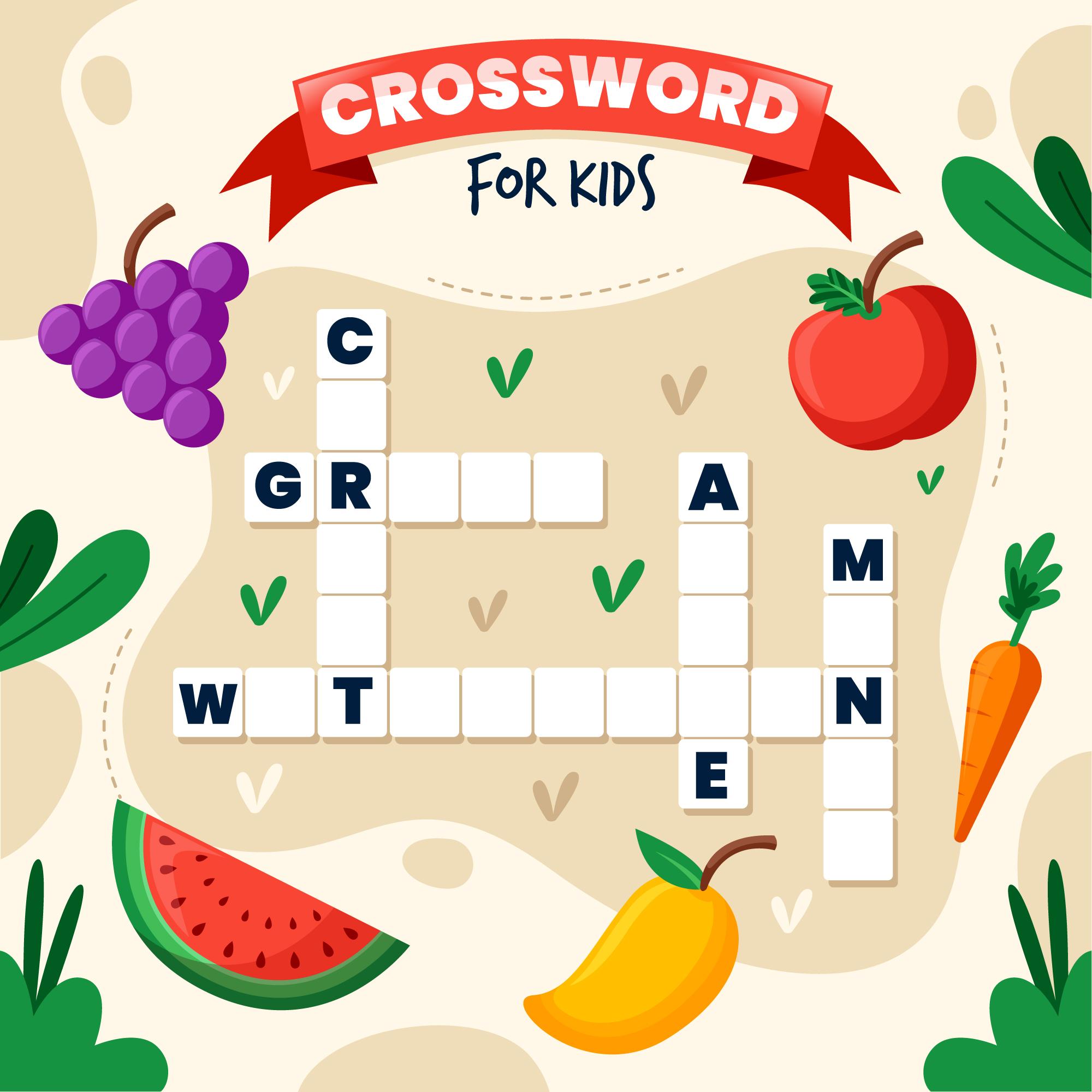 Colorful crossword puzzle designed for kids with fruits and vegetables — promoting interactive educational games that enhance memory and vocabulary skills.
