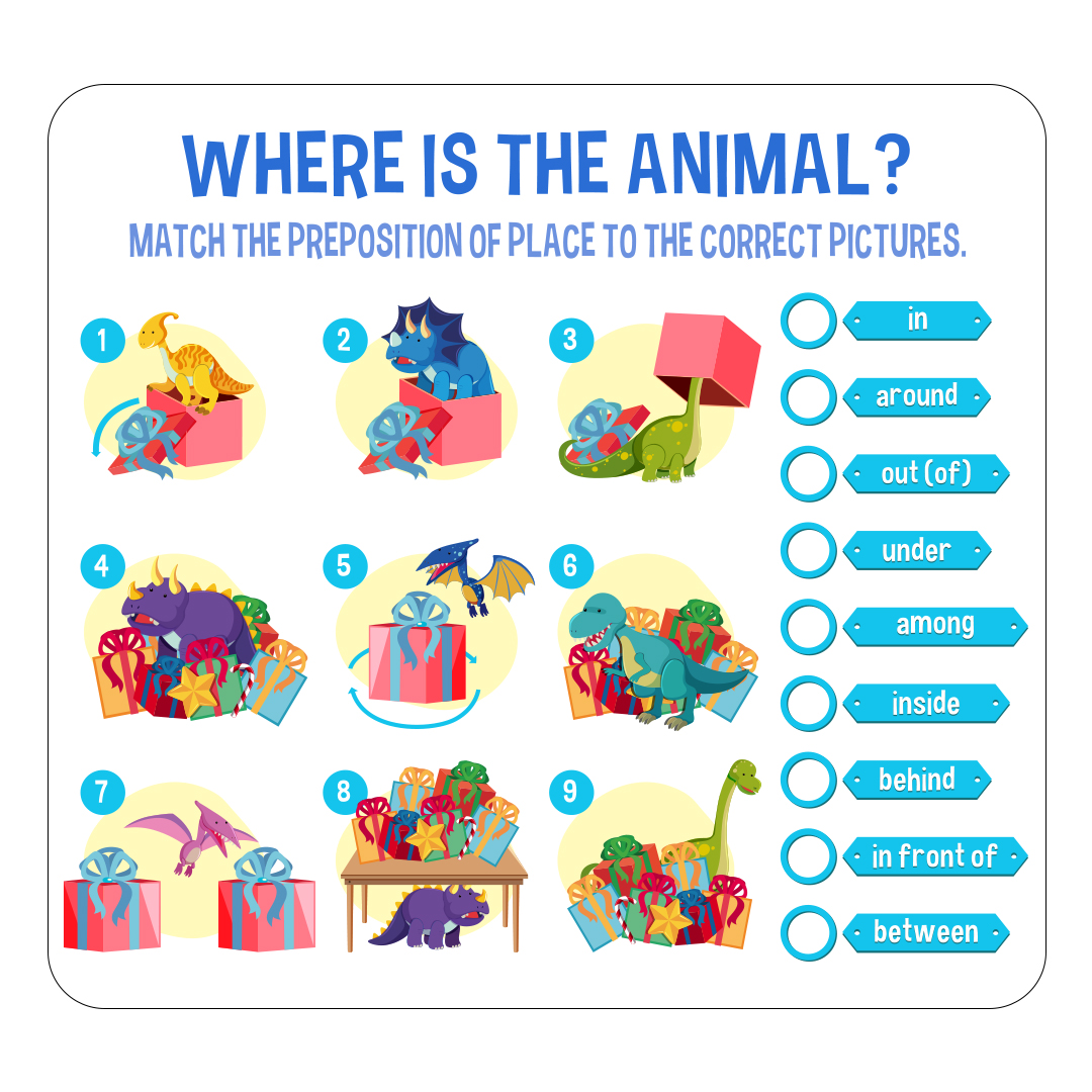 Interactive educational worksheet for kids showing dinosaurs and gift boxes to teach prepositions of place like under, behind, among, and in front of.