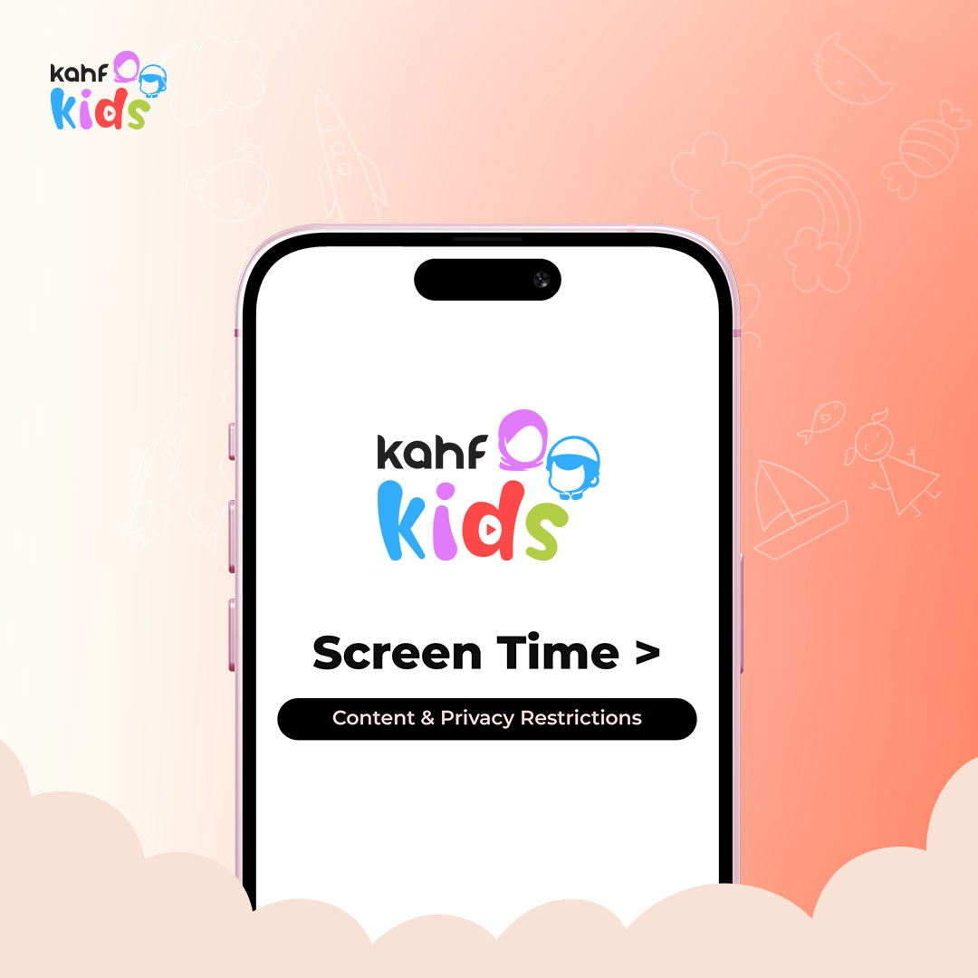 Mobile screen showing Kahf Kids logo with a screen time control interface — visualizing parental controls and content restrictions for safer online usage.