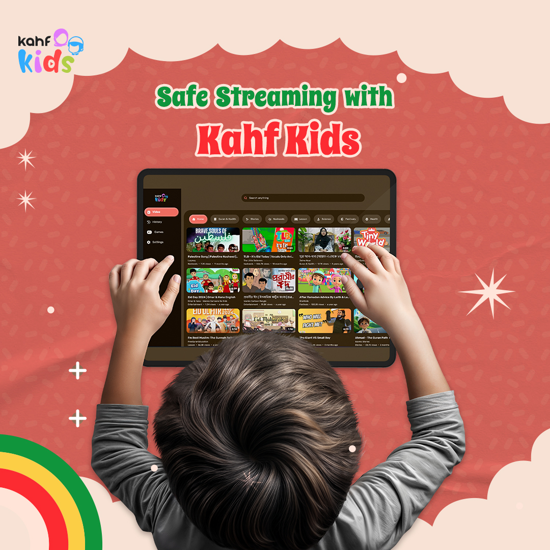 Child using a tablet to browse safe, Islamic educational content on Kahf Kids — promoting secure, halal streaming and digital wellbeing.
