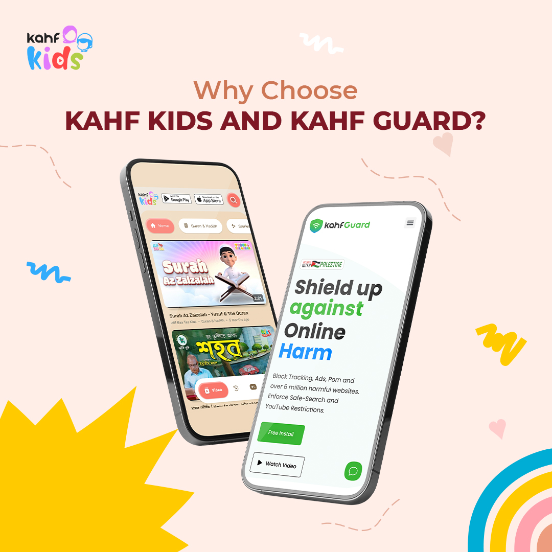 Side-by-side display of Kahf Kids and Kahf Guard mobile apps promoting safe, educational video streaming and halal online protection for Muslim families.