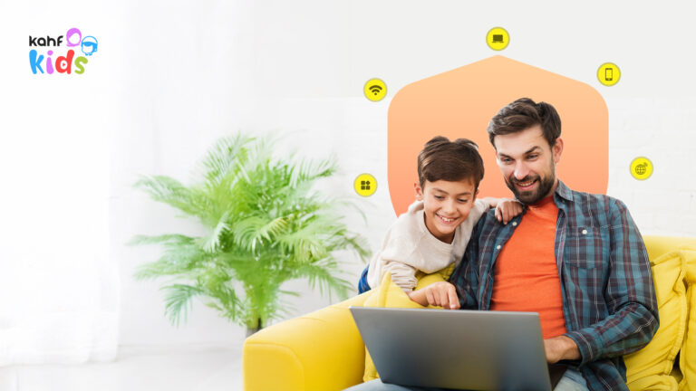 Father guiding child on a laptop while smiling, representing digital parenting, safe internet use for kids, and family-friendly online protection with halal filters like Kahf Guard.