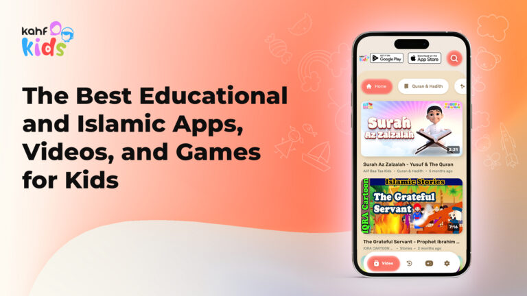 Banner showcasing Kahf Kids app interface highlighting Islamic educational videos, games, and Quran-based content for children — a halal, safe digital learning platform.