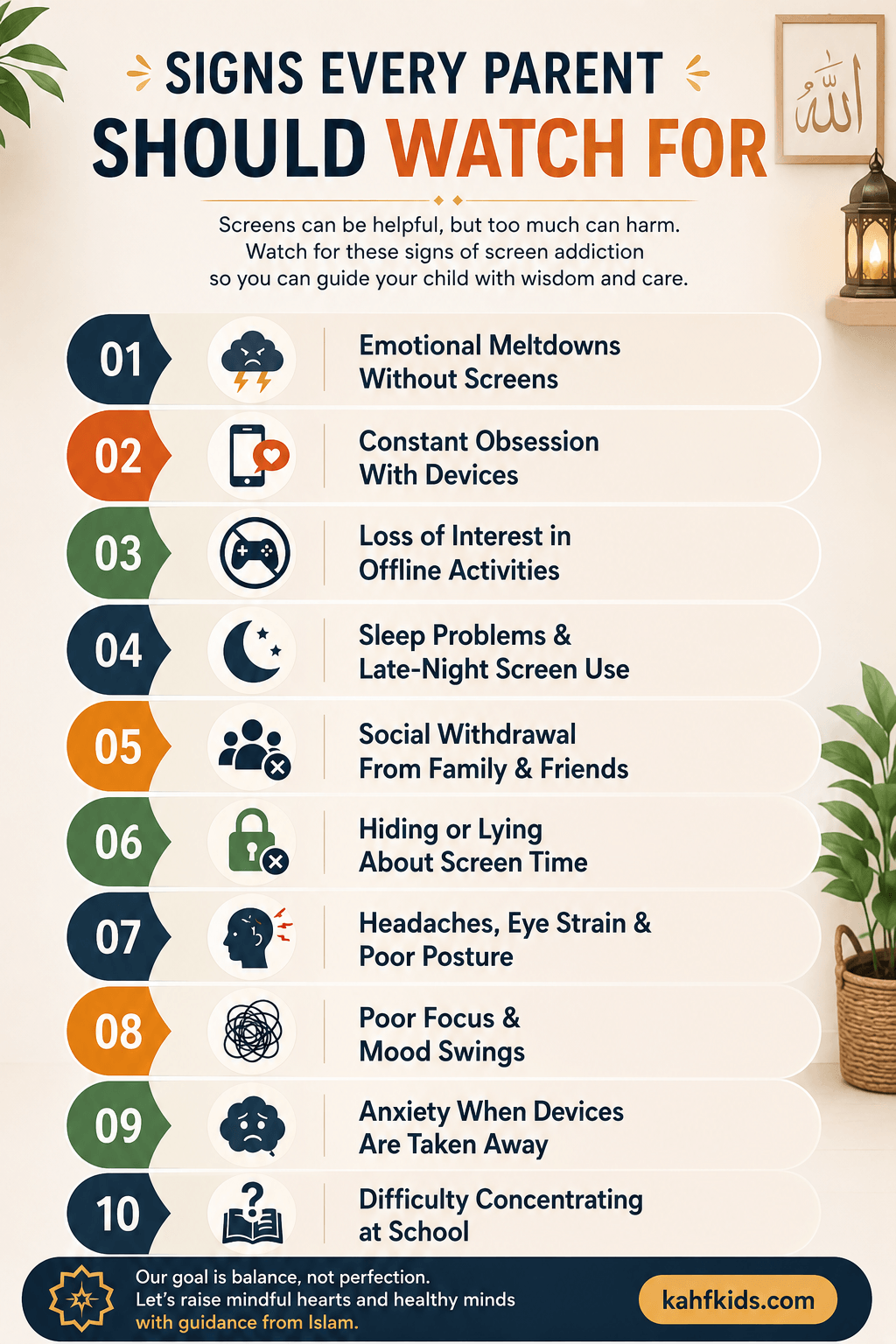 Islamic parenting infographic about screen addiction in kids, showing warning signs like poor focus, anxiety, sleep problems, social withdrawal, mood swings, and excessive screen time.