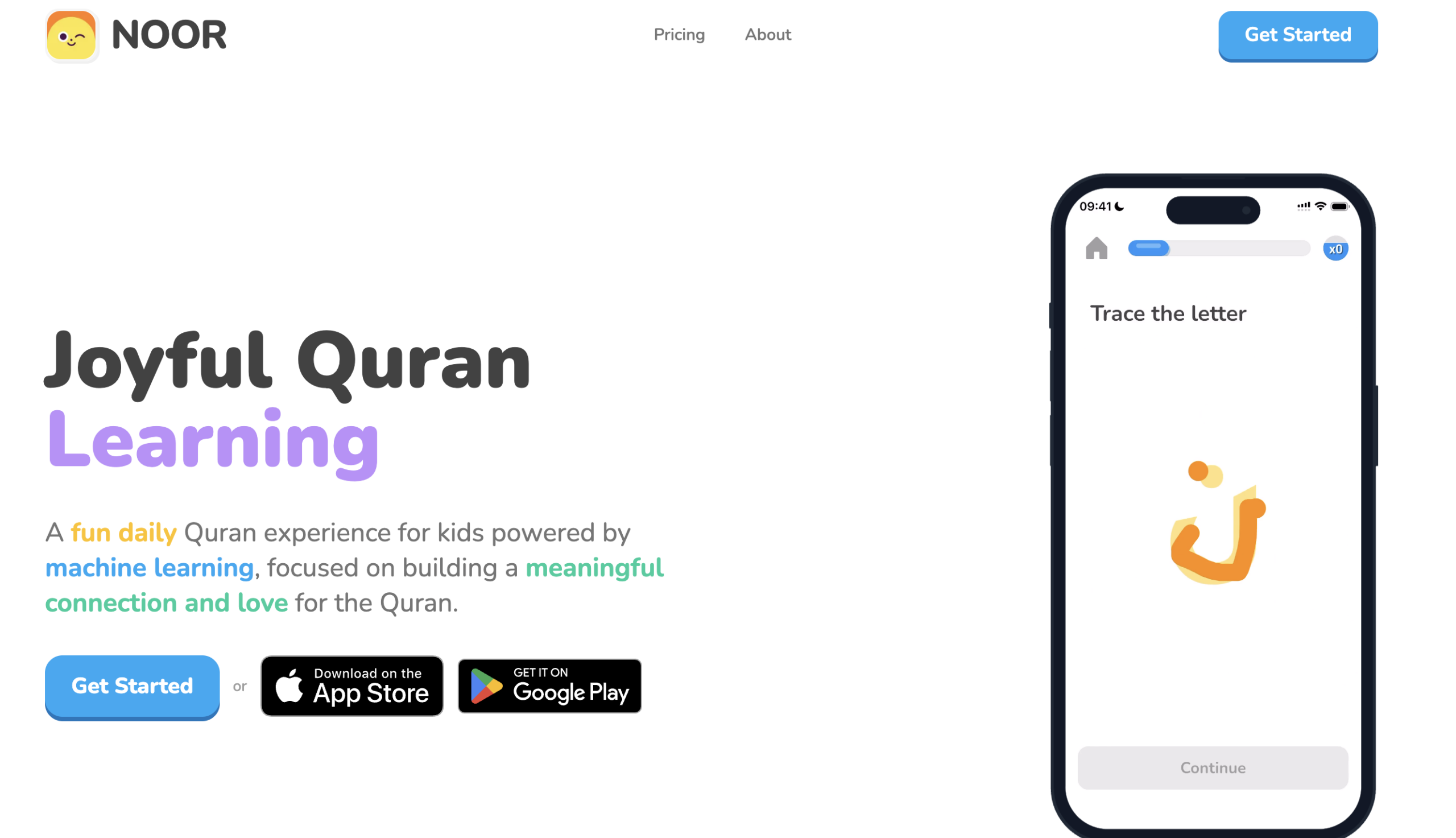 NOOR Quran for Kids app interface showing quest-based Quran learning for Muslim children