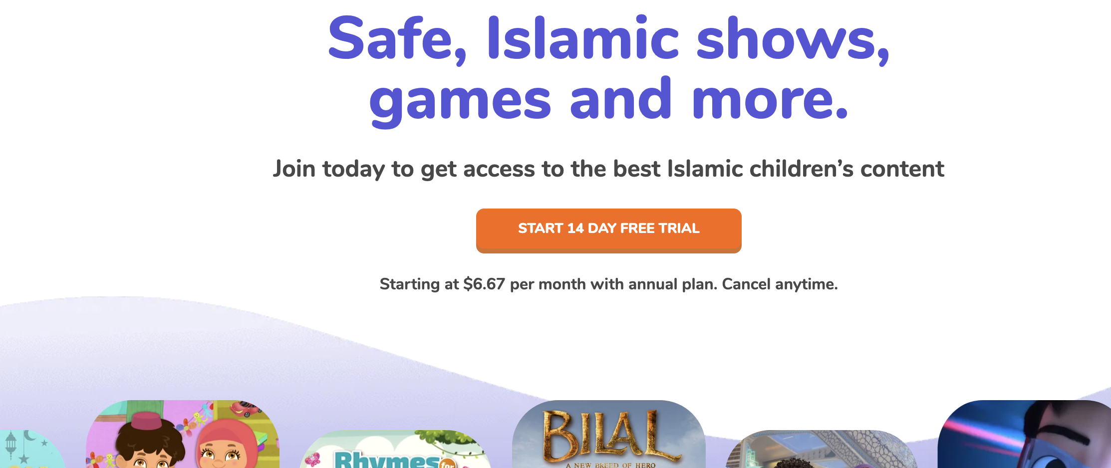Muslim Kids TV streaming platform showing halal Islamic video library with cartoons and educational content for children